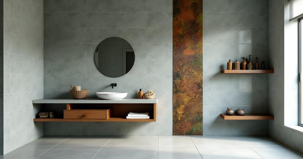 Miedziany panel dekoracyjny Savage Copper Bloom koło umywalki w łazience