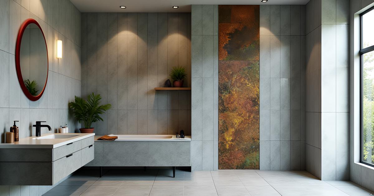 Dekoracyjny panel ścienny z miedzi Savage Copper Bloom w nowoczesnym wnętrzu łazienki
