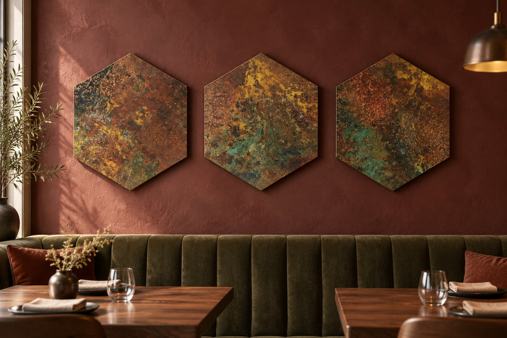 Trzy patynowane heksagony z miedzi na terakotowej ścianie nad oliwkową welurową kanapą w restauracji
