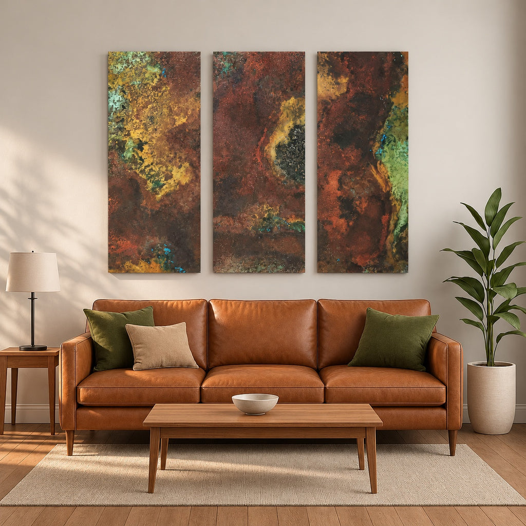 Trzy panele Savage Copper Bloom nad koniakową sofą w jasnym salonie z rośliną