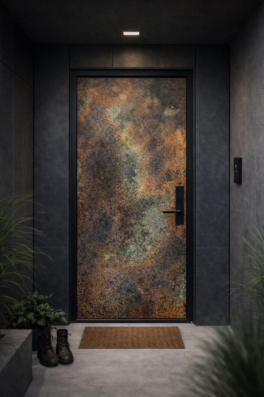 Patynowany panel z prawdziwej miedzi Savage Copper Bloom jako dekoracyjny panel na drzwi