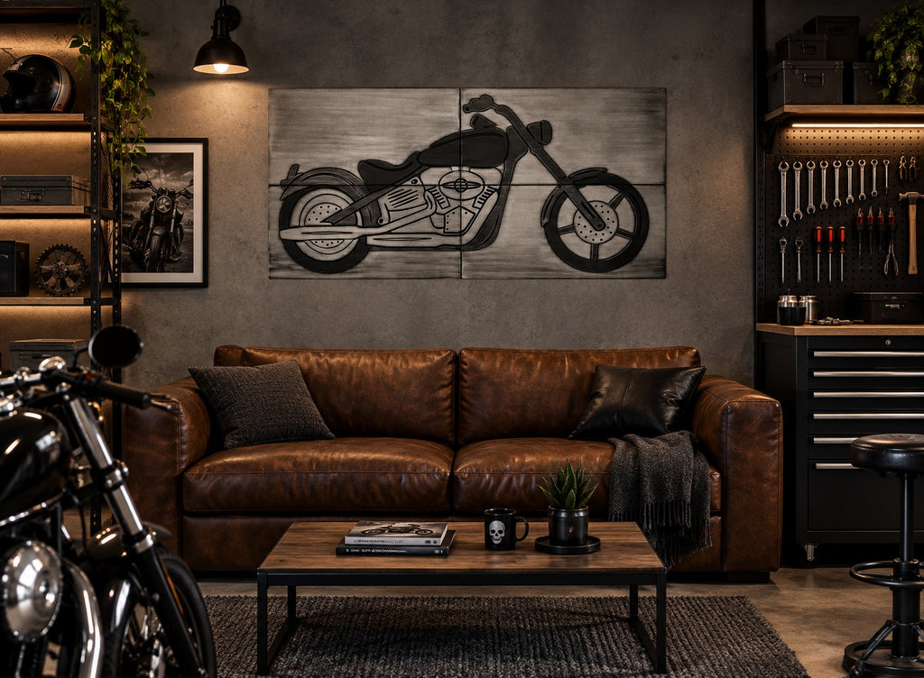 Klasyczny Motocykl- Zestaw 4 kafli- stal nierdzewna, w nowoczesnym męskim garażu, z sofą i półką na narzędzia.