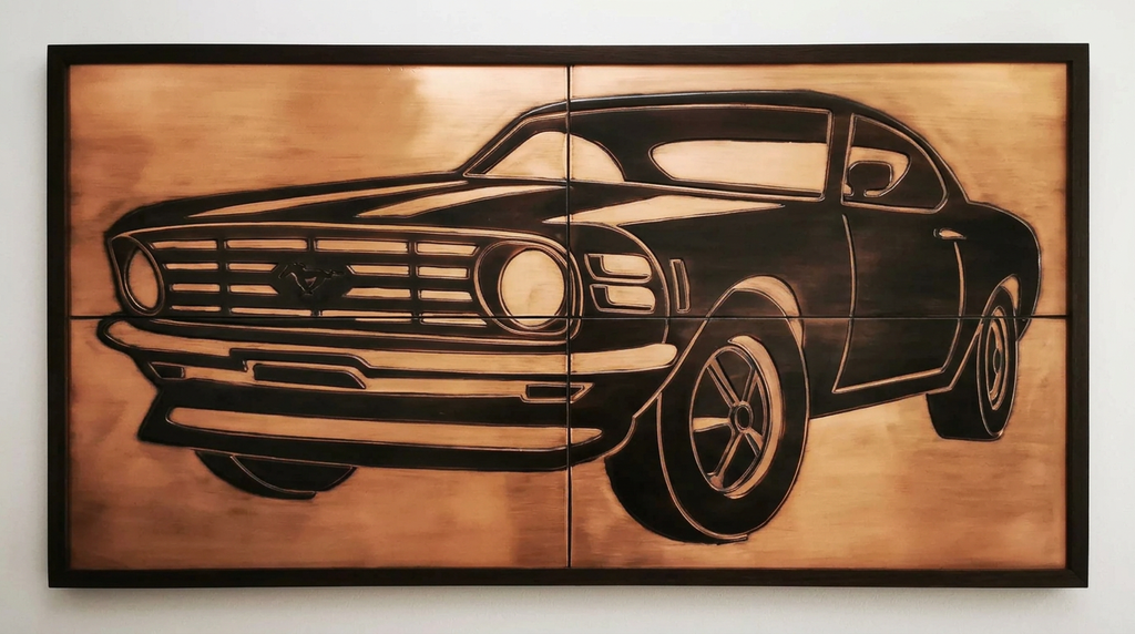 Ford Mustang – obraz metalowy z miedzi, 4-częściowy w drewnianej ramie, ręcznie patynowany