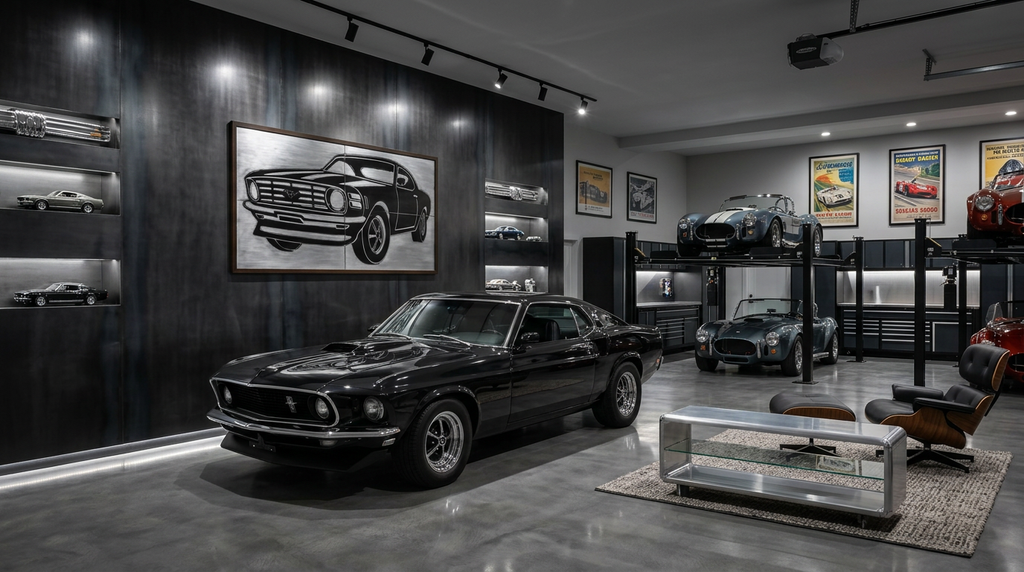 Metalowa sztuka ścienna Ford Mustang w ciemnym showroomie garażowym