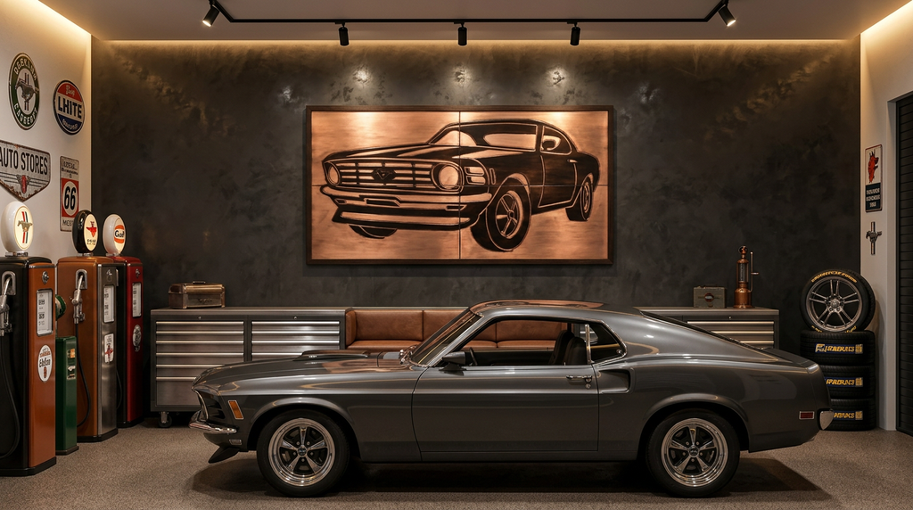 Obraz metalowy Ford Mustang z miedzi na ścianie w premium garażu obok klasycznego muscle car