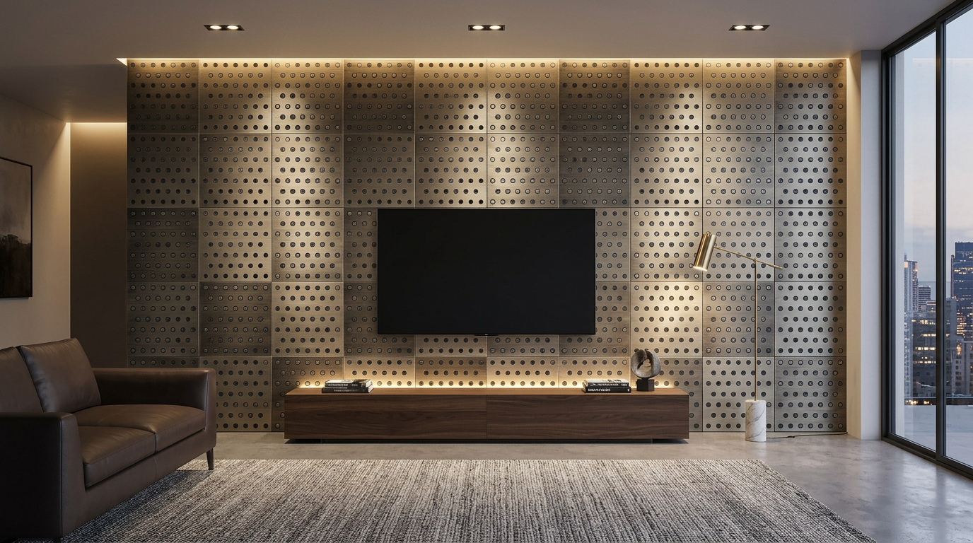 Metalowe płytki Polka Dots jako ściana TV