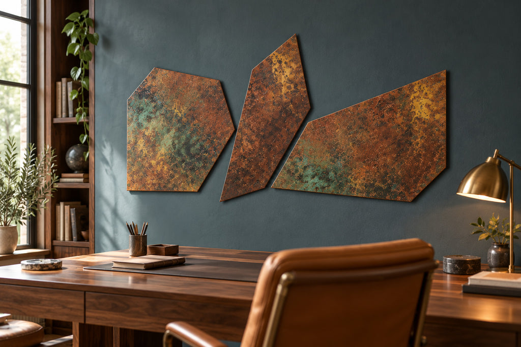 Copper Fragments Savage Copper Bloom – 3 panele z miedzi na ciemnozielonej ścianie nad biurkiem w gabinecie, wizualizacja aranżacji