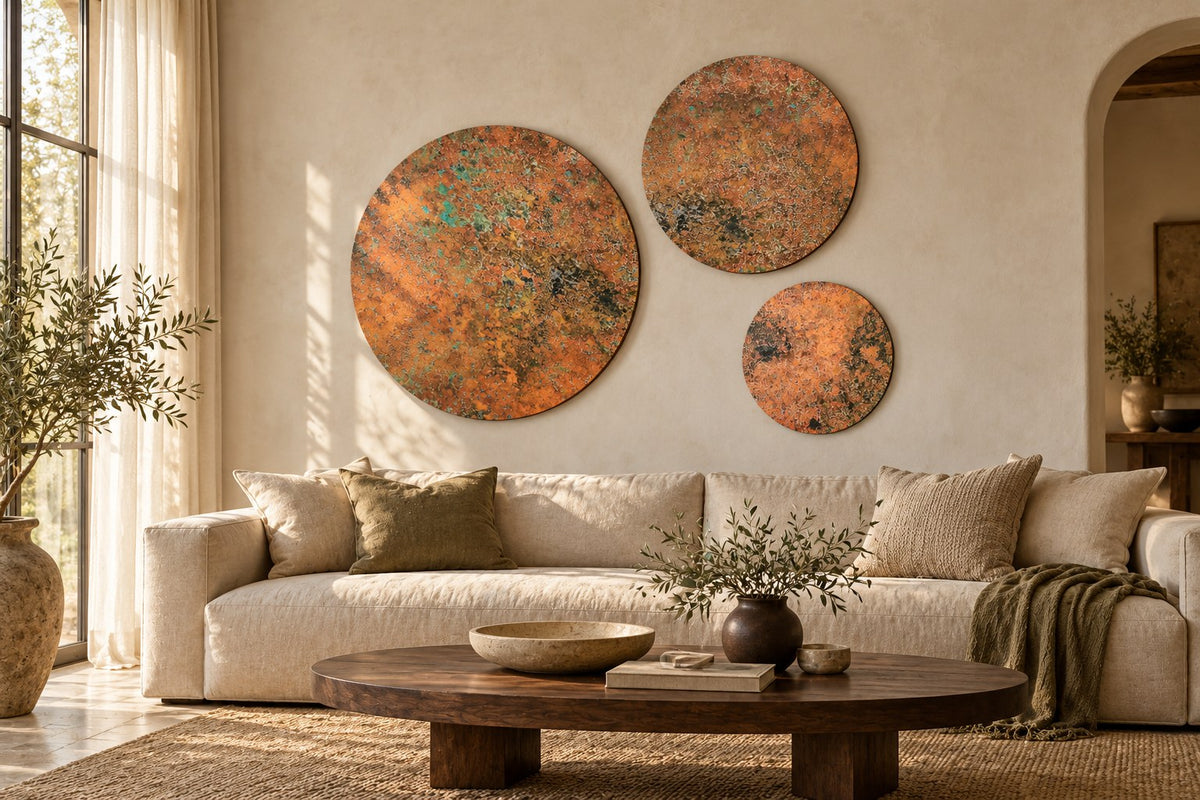 Copper Orbit Mystic Copper Nebula – zestaw 3 okrągłych paneli z prawdziwej miedzi, ciepła miedź z grafitowymi chmurami i turkusowym grynszpanem, nad beżową sofą w słonecznym salonie, wizualizacja aranżacji