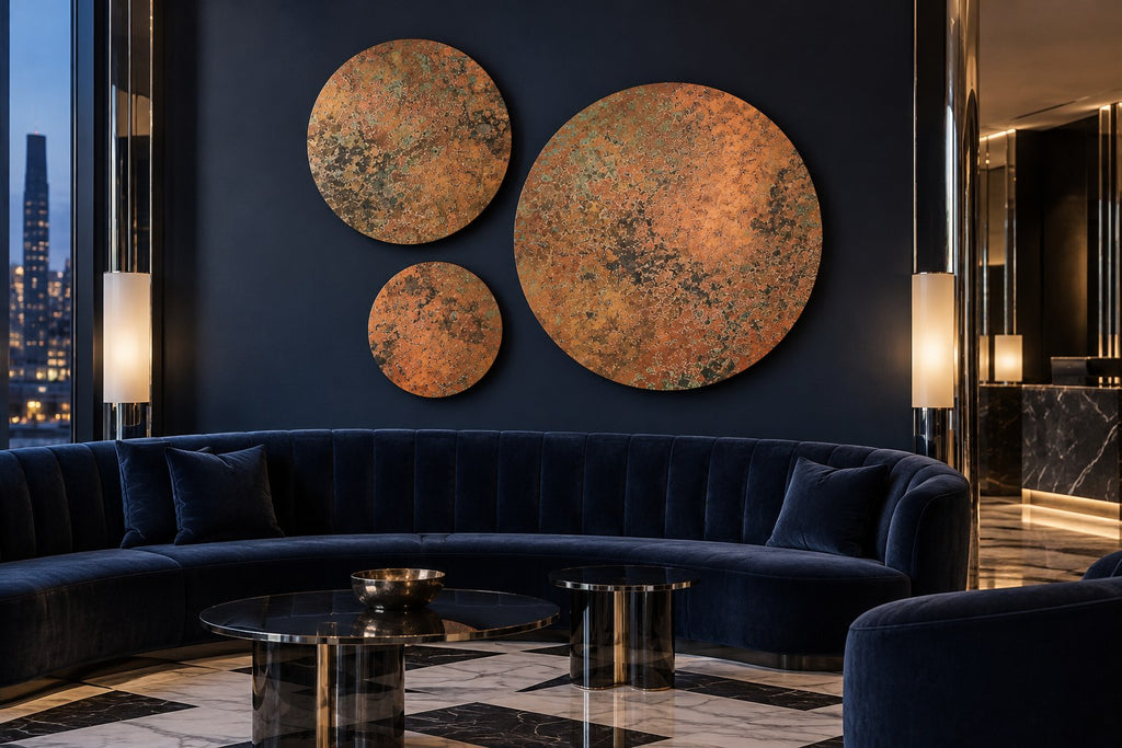 Copper Orbit Mystic Copper Nebula – okrągły obraz z miedzi, 3 koła na granatowej ścianie nad zaokrągloną welurową sofą w hotelowym lobby nocą, wizualizacja aranżacji