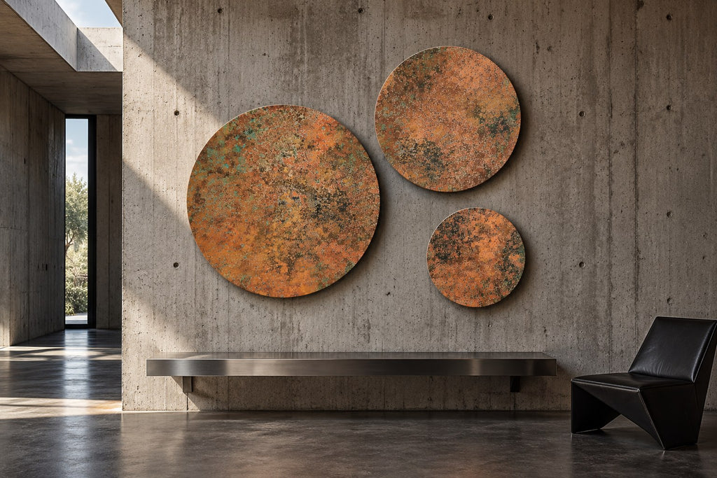 Copper Orbit Mystic Copper Nebula – 3 okrągłe panele z prawdziwej miedzi na surowej betonowej ścianie nad stalową ławką w minimalistycznym holu, wizualizacja aranżacji