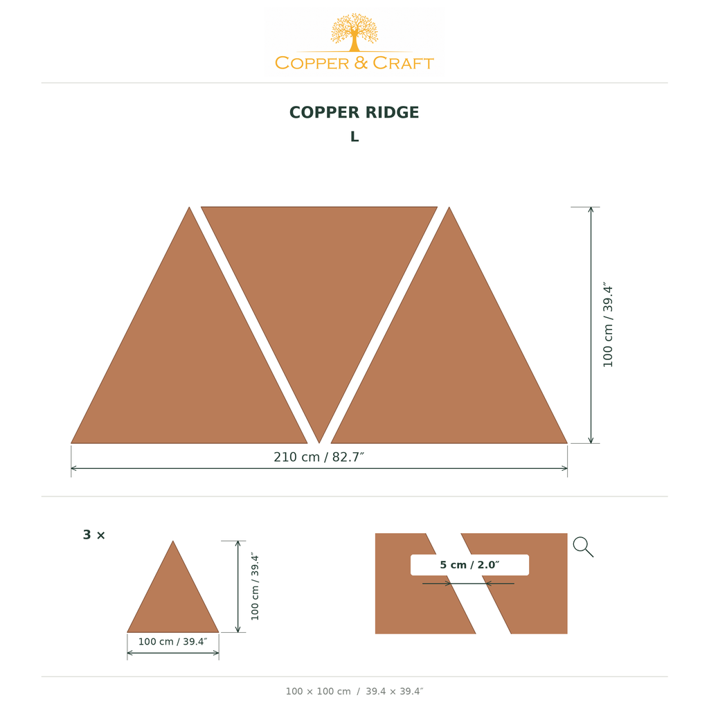 Copper Ridge rozmiar L – całość 210 x 100 cm, trzy trójkąty 100 x 100 cm, szczelina 5 cm