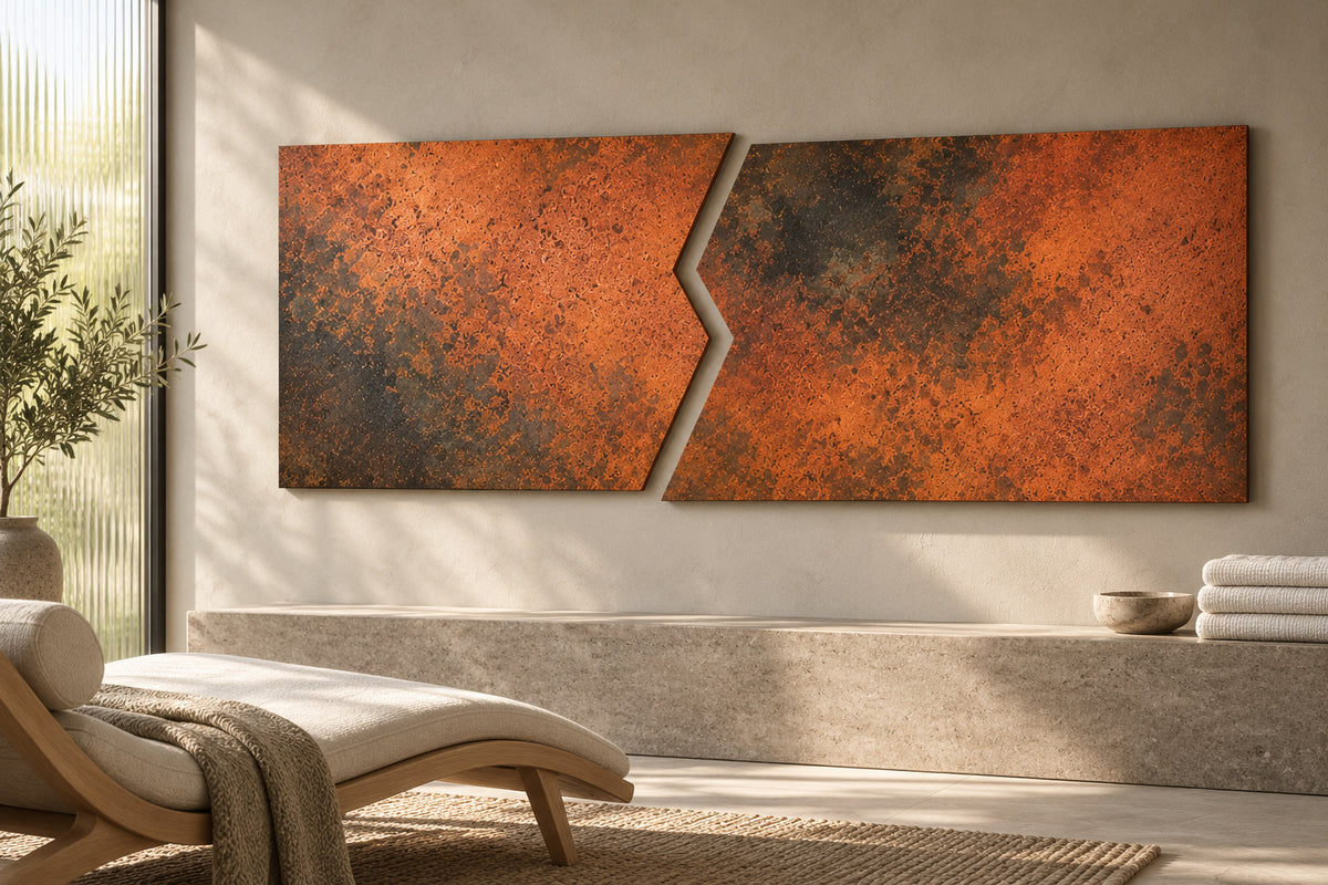 Copper Rift Eternal Copper Inferno – zestaw 2 paneli z miedzi na ciepłoszarej ścianie z mikrocementu w minimalistycznej strefie relaksu spa, wizualizacja aranżacji