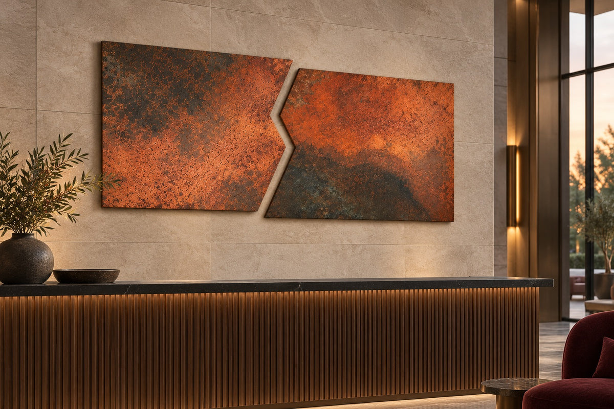 Copper Rift Eternal Copper Inferno – obraz z prawdziwej miedzi na wapiennej ścianie nad recepcją z ryflowanego drewna w luksusowym lobby hotelowym, wizualizacja aranżacji