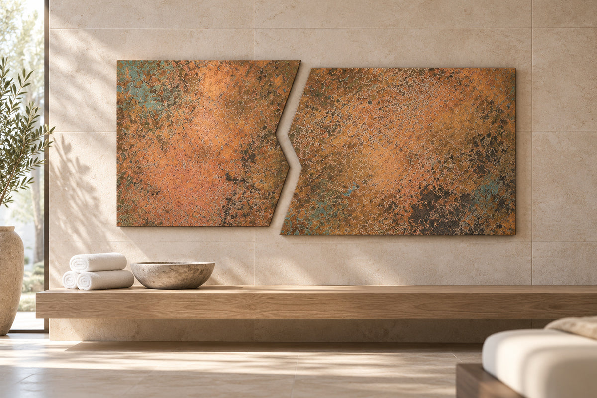 Copper Rift Mystic Copper Nebula – zestaw 2 paneli z miedzi na jasnej kamiennej ścianie nad drewnianą ławą w minimalistycznym spa, wizualizacja aranżacji