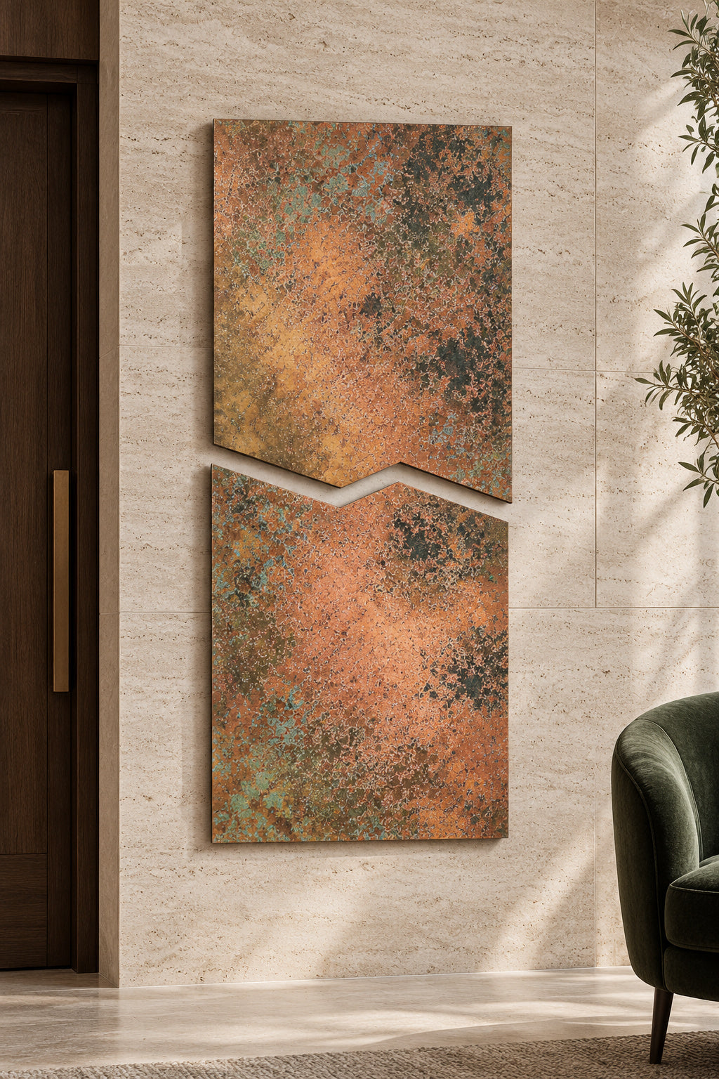 Copper Rift Mystic Copper Nebula – panele z miedzi powieszone pionowo, jeden nad drugim, na trawertynowej ścianie korytarza w butikowym hotelu obok zielonego fotela, wizualizacja aranżacji