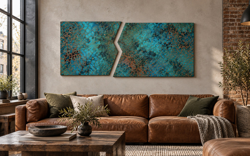 Copper Rift Oceanic Copper Pulse – zestaw 2 paneli z miedzi nad koniakową skórzaną sofą w industrialnym lofcie z cegłą, wizualizacja aranżacji