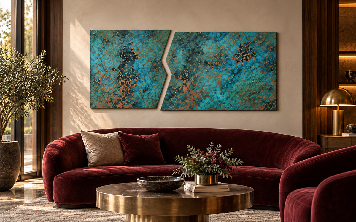 Copper Rift Oceanic Copper Pulse – obraz z prawdziwej miedzi nad bordową aksamitną sofą i mosiężnym stolikiem w salonie w stylu art déco, wizualizacja aranżacji