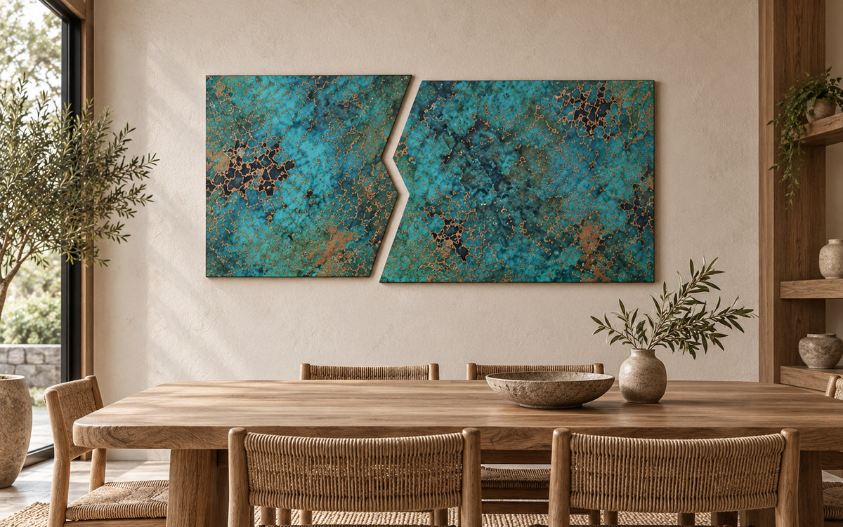 Copper Rift Oceanic Copper Pulse – 2 panele z miedzi nad dębowym stołem i plecionymi krzesłami w jadalni w stylu japandi, wizualizacja aranżacji