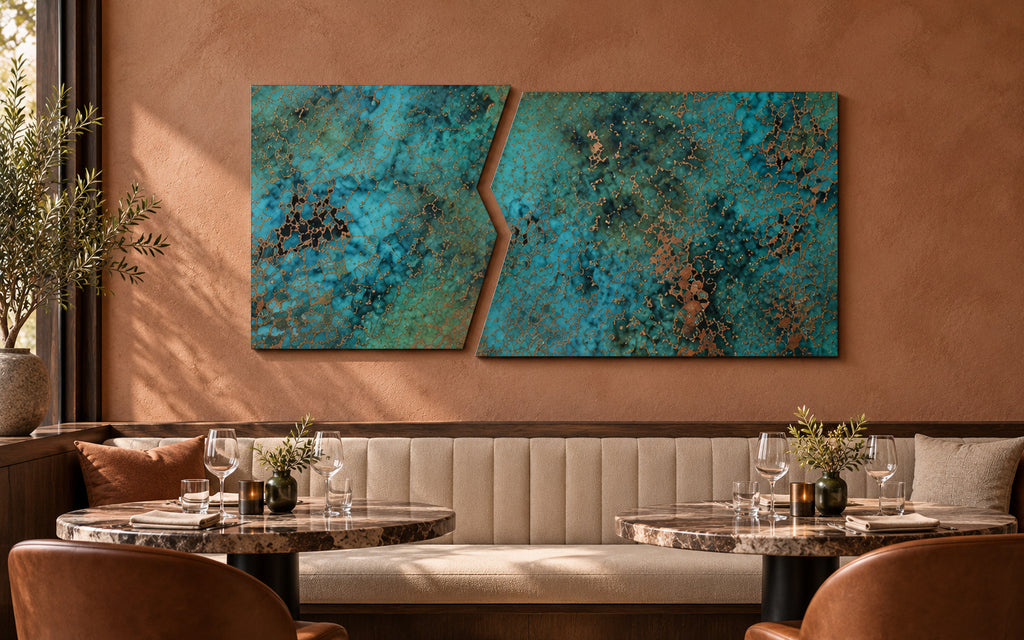 Copper Rift Oceanic Copper Pulse – obraz z prawdziwej miedzi na terakotowej ścianie nad kremową pikowaną kanapą i marmurowymi stolikami w restauracji, wizualizacja aranżacji