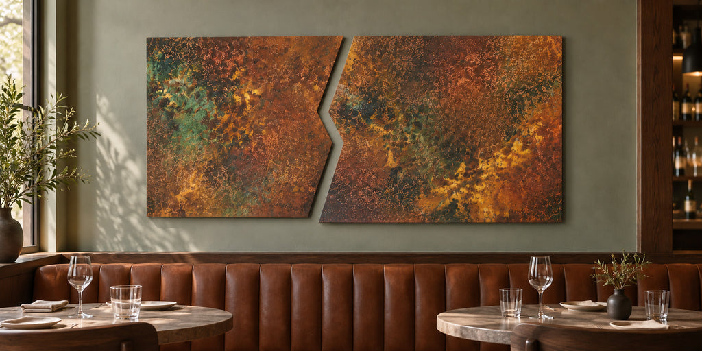 Copper Rift Savage Copper Bloom – 2 panele z miedzi na szałwiowej ścianie nad skórzaną kanapą w restauracji, wizualizacja aranżacji