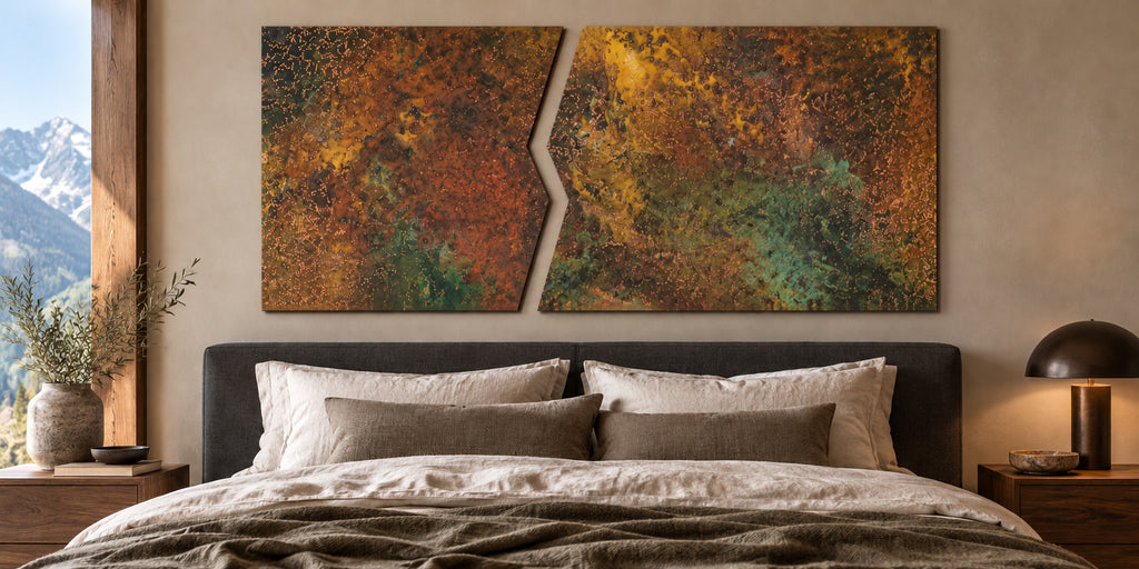 Copper Rift Savage Copper Bloom – zestaw 2 paneli z miedzi nad łóżkiem w sypialni z widokiem na góry, wizualizacja aranżacji