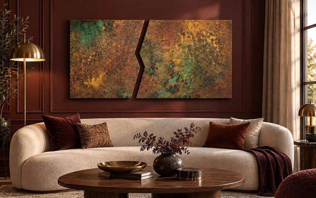 Copper Rift Savage Copper Bloom – obraz z miedzi na bordowej ścianie z boazerią nad zaokrągloną sofą bouclé w salonie, wizualizacja aranżacji