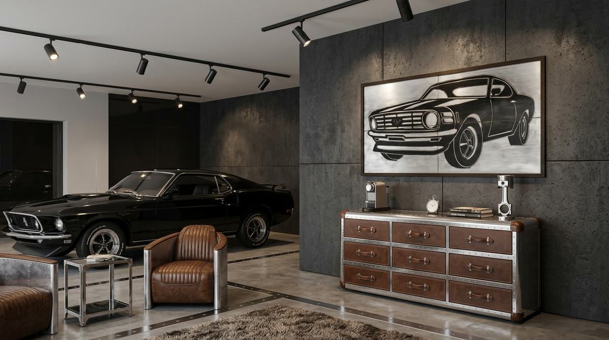 Obraz Ford Mustang 120x60 cm w jasnym garażu z klasycznym sportowym autem