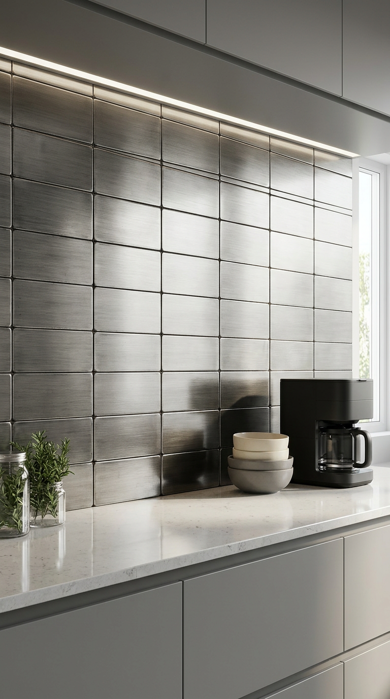 Backsplash kuchenny ze szczotkowanych płytek ze stali nierdzewnej – zestaw 8 metalowych kafli ściennych
