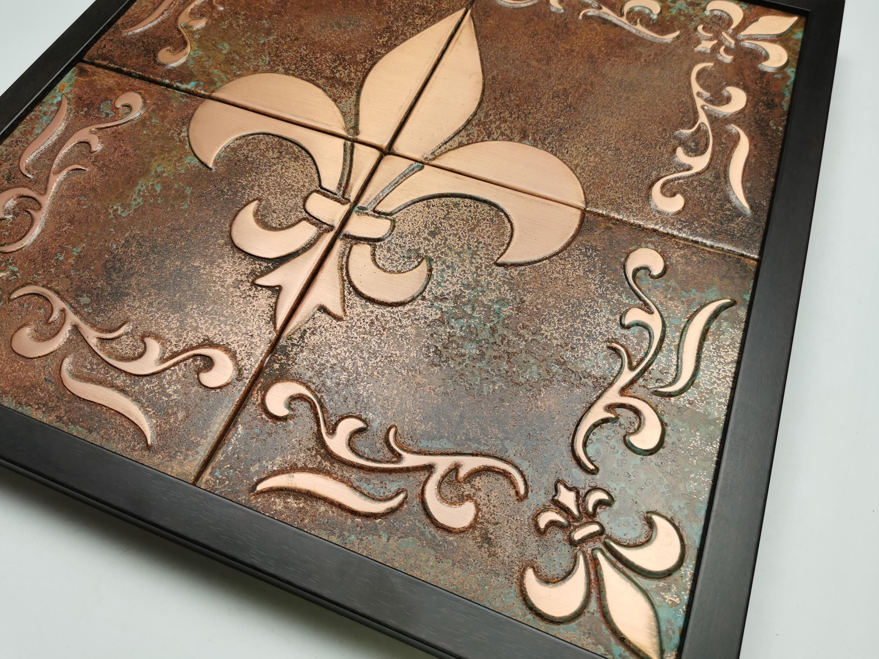 Fleur de Lis Wall Art – Framed Copper Tile Decor – Handmade French Gift for Her – Ready to Hang Luxury Home Accent