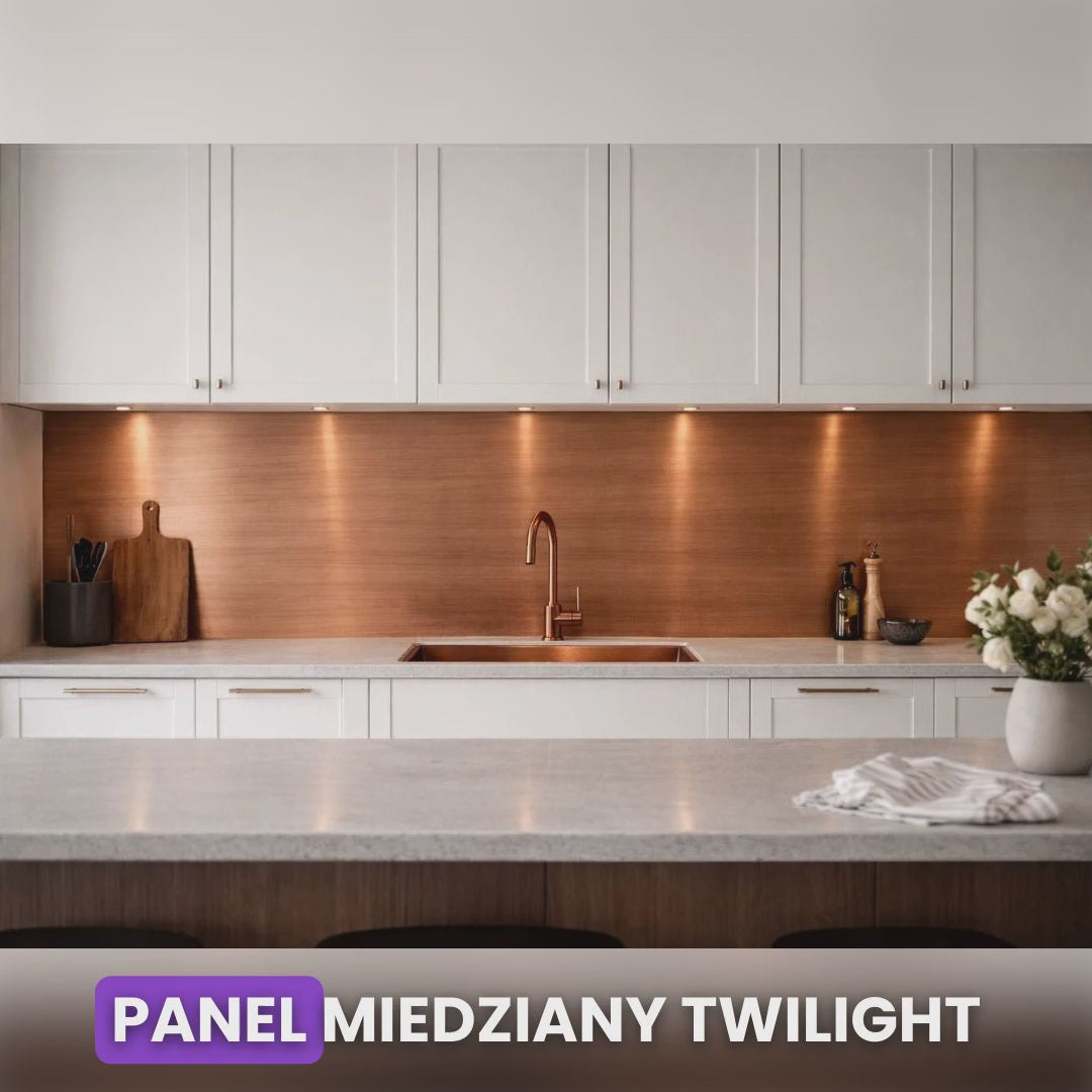 Wideo prezentujące ekskluzywny miedziany panel ścienny Twilight Copper Dust, szczotkowaną strukturę metalu i efekt shadow w aranżacjach kuchni oraz salonu z kominkiem.