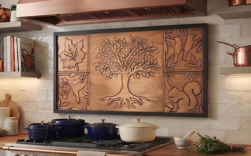 Ozdobny miedziany panel kuchenny w czarnej ramie, przedstawiający centralne drzewo życia oraz mniejsze kafle z motywem liścia klonu, kolibra, ptaków i wiewiórki, umieszczony nad płytą grzewczą.