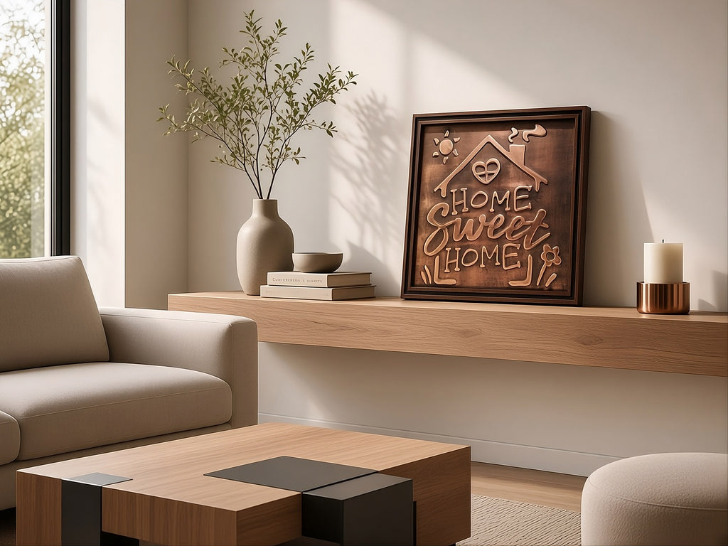 Miedziany obraz „Home Sweet Home” w eleganckim salonie na drewnianej półce