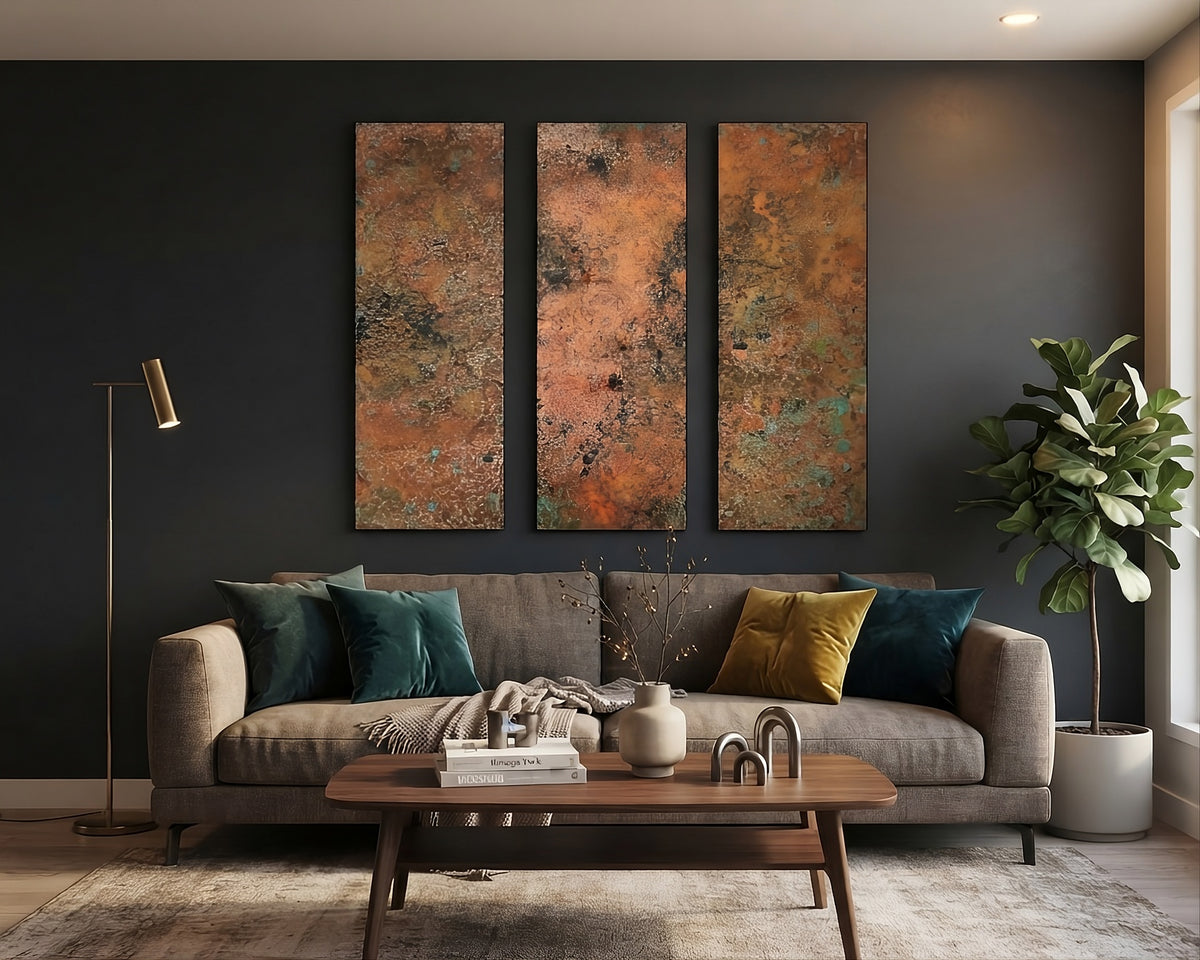 Zestaw trzech paneli- Tryptyk- Mystic Copper Nebula , w eleganckim salonie.