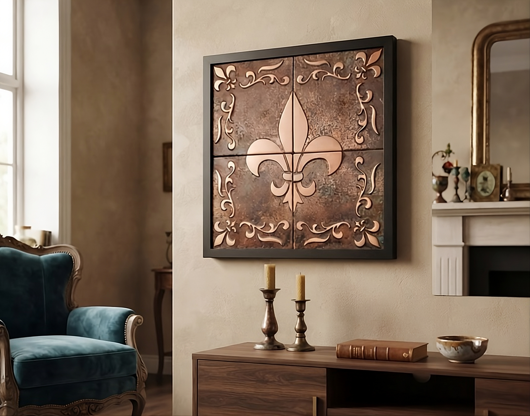 Miedziany panel dekoracyjny z motywem lilii (Fleur-de-lis) w czarnej ramie, powieszony na beżowej ścianie w eleganckim salonie